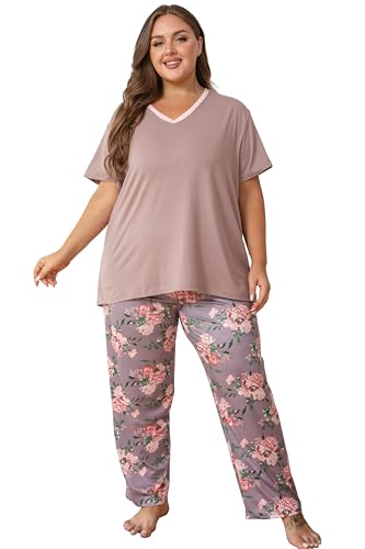 Image of Vozanet Women's Pajama Sets Short Sleeve with Long Pant Soft Sleepwear Printed pj Loungewear With TWO Pockets Size 1X to 5X