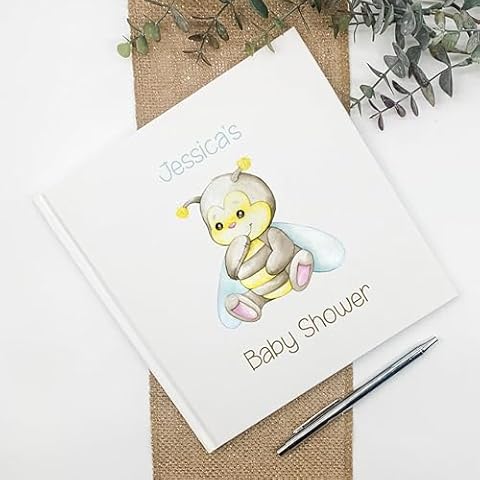 HOMFIN Guest Book Personalised for Birthday Guest Books Baby Shower Christening 25cm x 25 cm - 30 Sheets (Bee) Cover