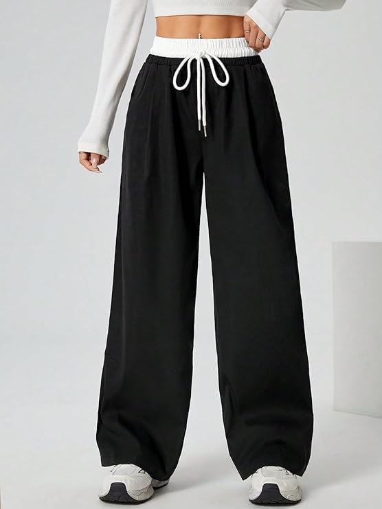 Image of You Forever Women's Wide Leg Casual Pants, High Waist Cotton Blend, Drawstring, Light Colour, Relaxed Fit