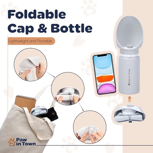 PawInTown Silicone Dog Water Bottle - Comfortable Easy Drinking, Portable Dog Bowl with Leak-Proof Design, Foldable Extra-Wide Cup, Food-Grade Portable Dog Water Bottle, Easy to Clean Dog Bottle