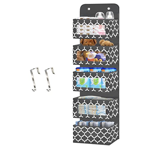 Image of VERONLY Over the Door Hanging Organizer - Coset Door Pantry Storage with 5 Pockets, Sturdy Back of Door Organizer with 2 Metal Hooks and PVC Window for Nursery, Bathroom, Bedroom, Kitchen, Dorm, RV