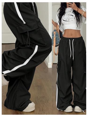 GORGLITTER Women's Baggy Cargo Pants Y2k Wide Leg Stripe Drawstring Elastic Waist Trousers4