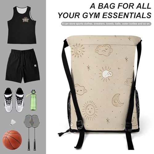 Drawstring Gym Backpack with Shoe Compartment And Wet Pocket, 28L Lightweight Waterproof Beige Simple Doodle Sports Backpack for Workout Swim Beach Travel String Bag for Men Women3