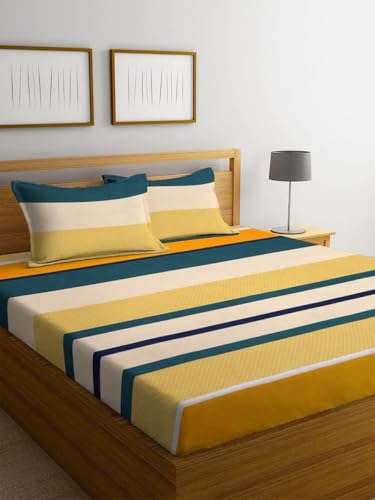 Image of 100% Cotton Elastic Fitted Bedsheets with 2 King Size Pillow Covers Double Bed with All Around Elastic Supersoft Size - 72 King Sizex78+10 inches Rust and Green 200 tc - 220 tc