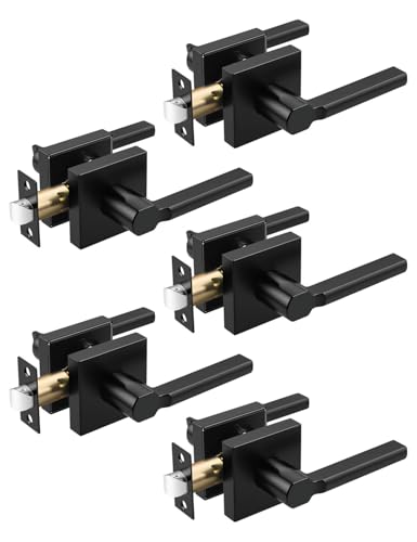 Tinewa 5 Pack Square Black Door Handles Interior, Non-Locking Interior Passage Door Lock Hallway/Closet Door Lever, Heavy Duty Modern Door Handle