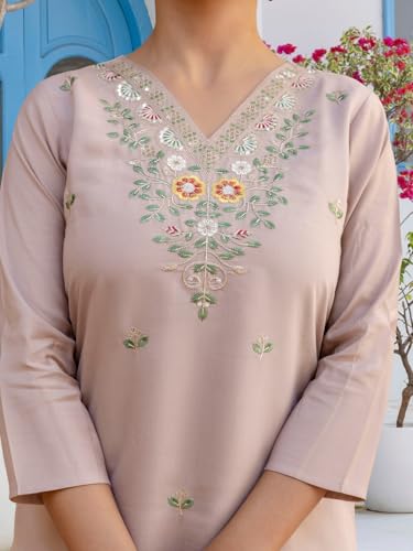 Image of Naixa Women's Chanderi with Cotton Lining Embroidered Straight Kurta with Pant and Dupatta Sets (NX2-570)