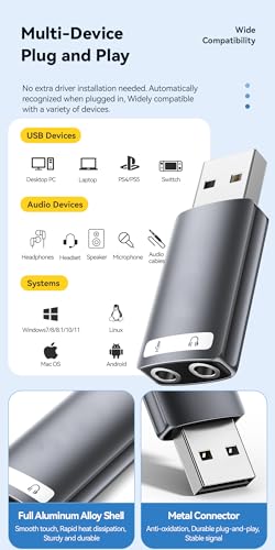Image of INICIO USB External Sound Card Adapter with Dual TRS 3-Pole 3.5mm Headphone and Microphone USB to 3.5mm Aux Audio Converter for Windows Mac Linux PC Laptops Desktops PS5 [NOT for TV /CAR ]