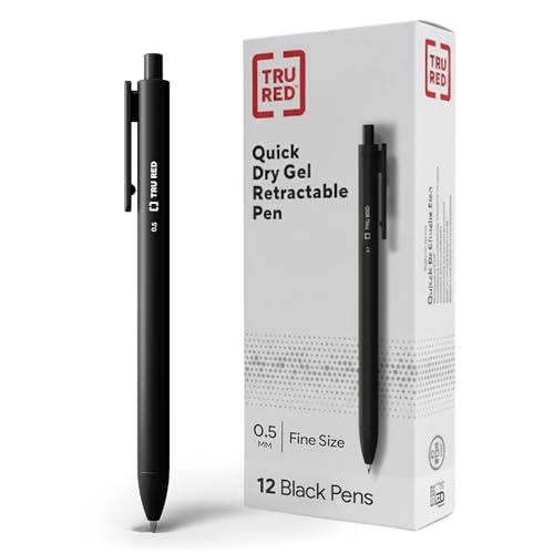 TRU RED Retractable Gel Pens, Fine Point 0.5mm, Black Ink, 12 Pack – Quick‑Dry Pens for Precise, Smear‑Free Writing