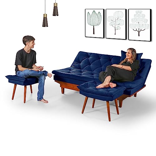Sofa Cama Reclinavel Caribe Com Duas Banquetas Rubi Suede Azul Marinho