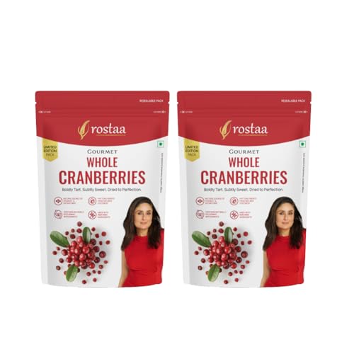 Image of Rostaa Gourmet Whole Cranberries | Premium Dried Cranberrie Rich in Antioxidants, Fiber & Vitamin C | Supports Immunity, Digestion & Heart Health | Naturally Sweet & Tangy Healthy Snack | 200g (400 GM, Whole Cranberrie )