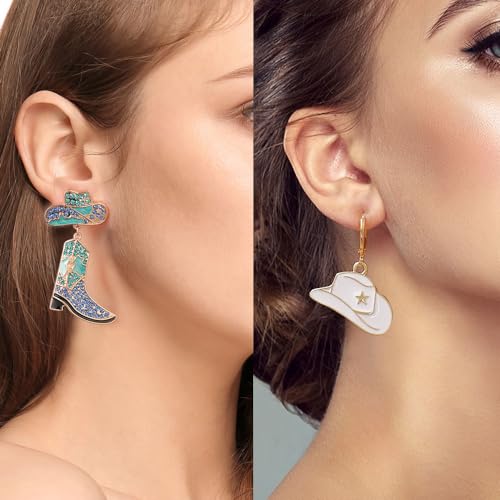 12 Pairs Beaded Cowboy Earrings for Women Pendant Rhinestone Enamel Boot Hat Drop Dangle Earrings3