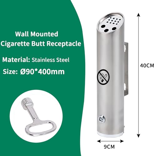 TAZZOR Wandaschenbecher für draußen, Ø9x40cm, Edelstahl, Wasserdicht, Winddicht, Wetterfest, Aschenbecher Wandmontage, Runde Aschenbecher Wand, Aschenbecher für draußen Wandmontage