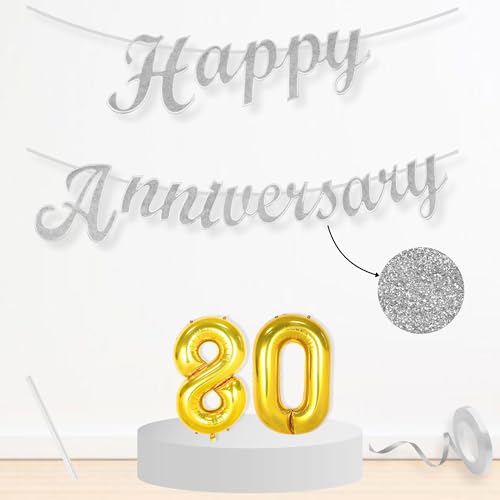 Image of Flyloons 80th Happy Anniversary Banner Silver Decorations Kit for Men Women Wedding Anniversary Banner Items without Balloons