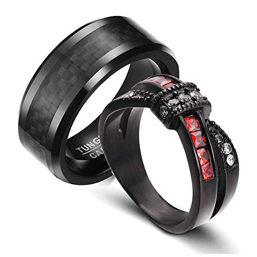 LOVERSRING Two Rings His and Hers Couple Ring Bridal Set His Hers Women Black Gold Filled Red Cz Man Tungsten Carbide Wedding Ring Band Set - Main Image