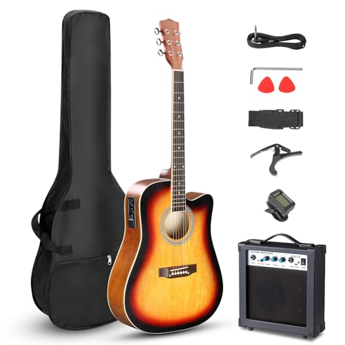 LALAHO - LALAHO 41 Inch Electric Acoustic Guitar with Amp, Full-Size Basswood Body Electro-Acoustic Guitars Kit for Beginners W/Bag, Strap, Tuner and Capo All Accessories Included, Sunset - -9%