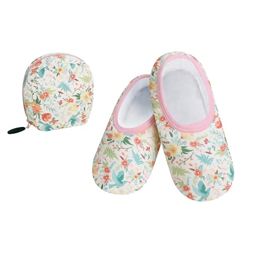 Image of Snoozies Skinnies Packable and Foldable Travel Slippers for Women with Zipper Pouch, Soft Sherpa-Lined Slipper Socks Non-Skid