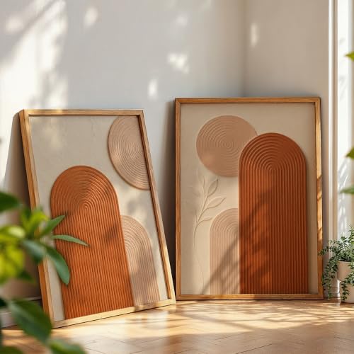 Image of NoWorries Abstract Arch Wall Painting Set of 2 with Frame | Terracotta Beige Geometric Texture Artwork, Modern Minimal Boho Wall Decor for Living Room, Bedroom, Office and Home Decoration (Art-9, 21x31inch)