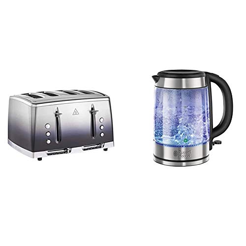 Russell Hobbs 25141 Midnight Blue Eclipse Polished Stainless Steel Ombre Four Slice Toaster & Hobbs 21600-10 Illuminating Glass Kettle, Black, 1.7 Litre, 3000 Watt