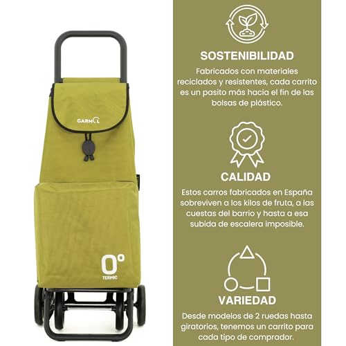 GARMOL Carro de la Compra Térmico Plegable 55 Litros |Bolsillo Térmico Interior de 11 Litros | Carro de la Compra 4 Ruedas Gran Capacidad Abatible | Carrito Compra Plegable Color Verde Aguacate