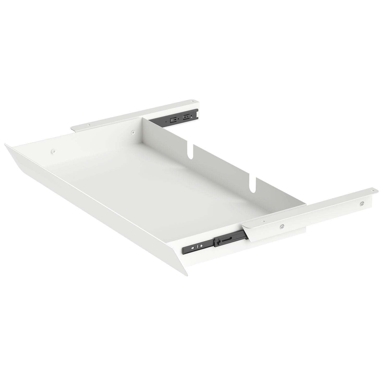 White Large Under Desk Mounted Sliding Drawer with 2 Cable Hole and 60 Degree Tilt Panel to Pull Out, 22.4'' Long &amp; 9.2'' deep Large Storage Organizer for Sit Stand Workstation