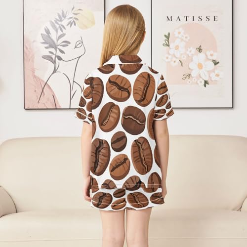 Satin Pajama Sets Short Sleeve Brown Coffee Beans Pattern Print Button Down Silky Nightwear 2 Piece PJS 5-14Y4