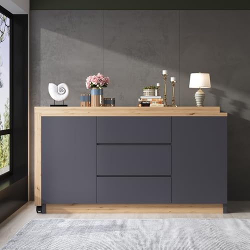Sweiko Commode avec roulettes verrouillables, Buffet Multifonctionnel, Plateau tournant épaissi de 4 cm, Bureau Pliable, Bureau d'angle (Grey+Oak) – vue 3
