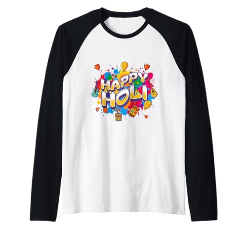Happy Holi Festival Colors India Hindu Uomini Donne Ragazze Ragazzi Maglia con Maniche Raglan
