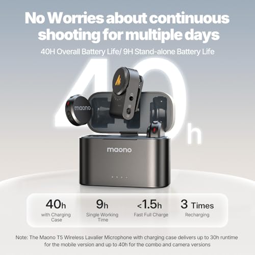 Image of MAONO Wireless Lavalier Microphone for Camera /PC /Laptop /Phones, Mini Lapel Mic with 48khz 24bit, 1000ft Range, Noise Cancellation, Gain Knob, Mono-Stereo Switch, 30H Use for Video Recording - Wave T5
