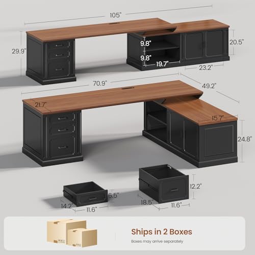 Image of SEDETA Farmhouse L Shaped Desk with Drawers, 70.9 inch Home Office Desk with Storage Cabinet and Storage Shelves, L Shaped Computer Desk with Power Outlet，Black+Brown