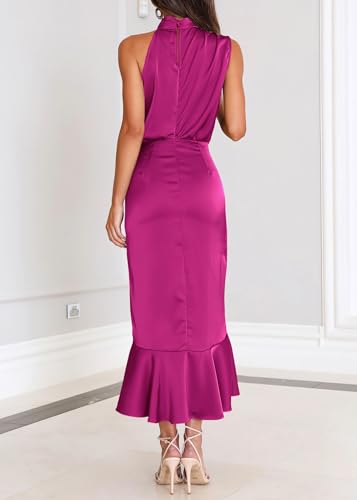Image of KIRUNDO Women's Summer Satin Mock Neck Wedding Guest Dress | Party Cocktail Midi Dress, 2026 Spring Fashion, Silky, Elegant Classy Halter High Neck, Sleeveless Wrap Ruffle Formal Dress