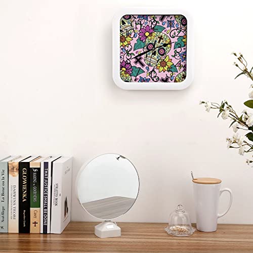 Pendule murale silencieuse fleur crâne 26x26cm pour décoration de bureau moderne