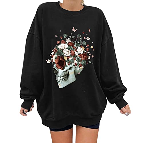 Dwevkeful Pullover Damen Langarm Sweatshirts mit Totenkopf-Grafik Oversized Langarmshirt Rundhalsausschnitt Kinder Sport Kleidung Für Mädchen Cover