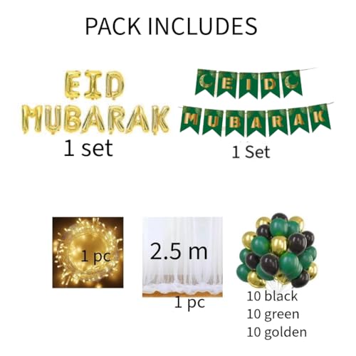 Image of Eid Mubarak Balloon Decoration (Eid Mubarak foil,Paper Banner White Tule Net and Light with Black Green and White Balloons)