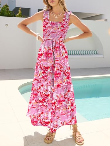 Image of Caracilia Womens Summer Maxi Dresses Floral Smocked Sleeveless Ruffle Boho Casual Flowy Aline Beach Vacation Long Sundress