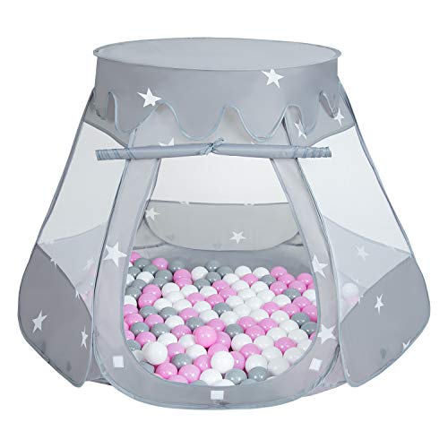 Selonis Tente 105X90cm/100 Balles Château Avec Les Balles Plastiques Piscine À Balles Pour Enfants, Gris: Gris-Blanc-Rose