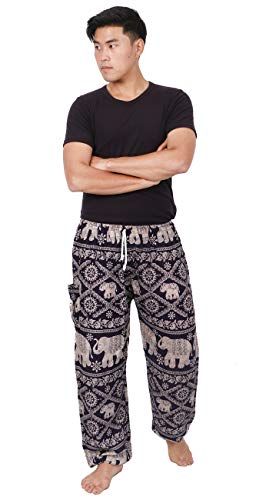 Banjamath® Calça masculina para ioga harem lounge, boho, paraquedas folgada, Cintura com cordão azul