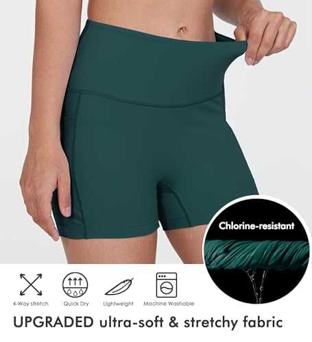WIILIT 3" Damen Badeshorts UPF50 Badehose Bikinihose Schwimmshorts Hohe Taille Tummy Control Boardshorts Schnell Trocknend mit Innenfutter Taschen Türkis M 4