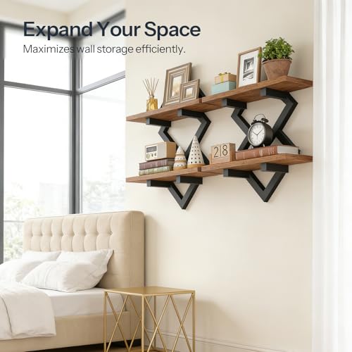 Image of HOOBRO 15 inch Floating Shelves for Wall, Set of 2 Wall shelf, 2-Tier Hanging Shelves, Wall Mounted Storage Shelf, Display Rack, for Living Room Bedroom Kitchen Bathroom, Rustic Brown and Black BF14BJP201