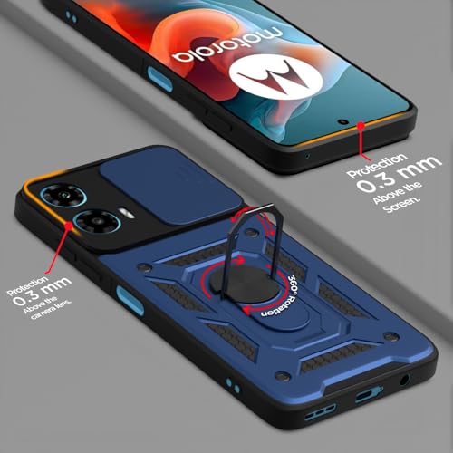 Image of Pikkme Back Cover for Motorola Moto G34 / G45 5G | 360 Protection Case | Sliding Camera Shield Cover & Ring Holder Stand D10 Tough Armor Bumper Case (Blue)