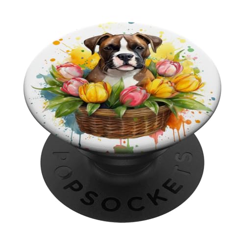 Aquarelle Floral I Love My Boxer Dog With Tulipes PopSockets PopGrip Adhésif