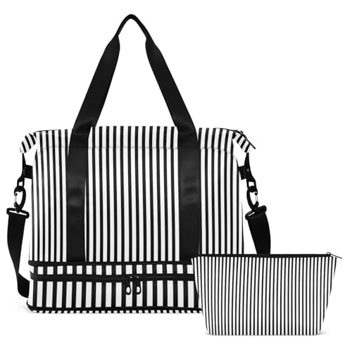 Black White Stripes Gym Bag for Women Sport Travel Duffel Bag Shoulder Weekender Overnight Bags with Wet Pocket & Shoe Compartment2