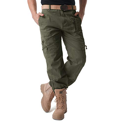 Crysully Men's Casual Trousers Cotton Wild Cargo Pants Combat Wear Work Pants With Zipper Assault Pants Army Green #TOP1