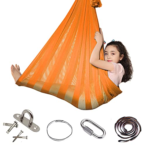 Mesh Sensory Swing Hammock for Kids Indoor, Ceiling Mount, Lightweight, Indoor Therapy Adjustable Hammock with Mounting Hardware - for Adults and Children Age 3+ (Orange)