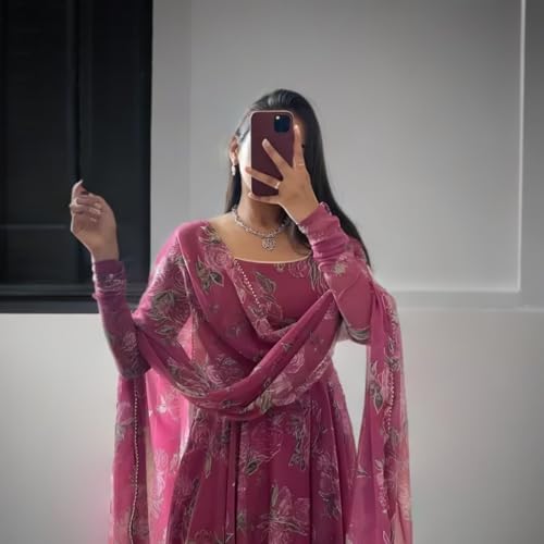 Image of Elegant Rose Pink Anarkali Style Maxi Dress with Dupatta - Full Length Flowy Silhouette, Long Sleeves Festive Occasion Wear for Women