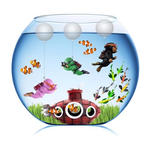 Image of 4 Pcs Fun and Vibrant Fish Tank Decorations - Cute Floating Diver and Retro Submarine Set - Perfect Aquarium Accessories for Betta Fish and Floating Aquarium Decor (Style-01)