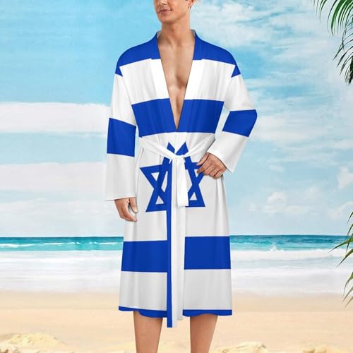Israel Flag Israeli Star Mens Bathrobe Soft Long Bath Robe Warm Spa Robe Nightgown Quick Dry with Waist Belt2