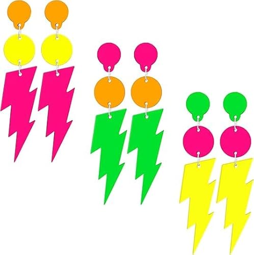 3 Paires Boucles D'oreilles Fluo,Boucles D'oreilles Fluo Année,Boucles D'oreilles Années,Convient pour les Fêtes des Années 80 et 90, Le Carnaval, les Accessoires de Costume de Soirée Disco/B