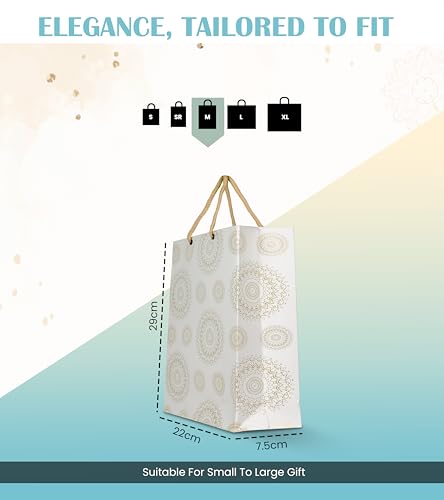 Image of Creative Art White & Gold Paper Gift Bags Medium (Pack of 10) - Durable Kraft Paper, Stylish Look, Eco-Friendly, Reusable Gift Bags for Return Gifts, Birthday Parties, Festivals & Gifting Need