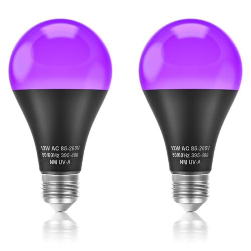 CREATESTAR 2 Piezas LED Bombilla UV 12W, E27 Lámpara UV, Luz Negra Bulb 395nm, Luz Ultravioleta para Club, Fiestas, Halloween, Fluorescente, Arte Corporal