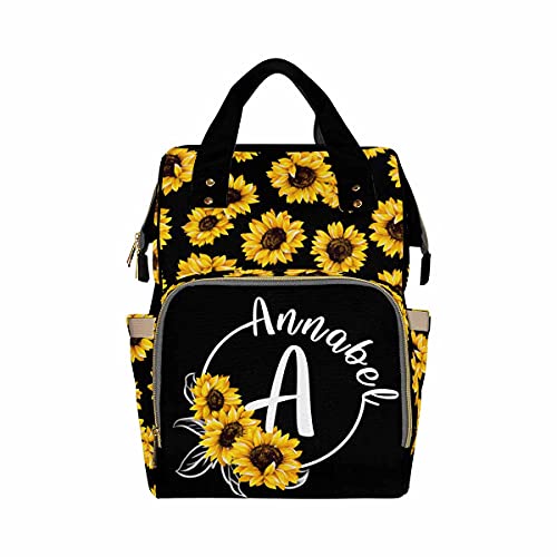 Personalized Name Diaper Bag Backpack for Mom, Custom Sunflower Black Baby Bags for Boys & Girls,Baby Daycare Bag Monogrammed Baby Shower Gifts